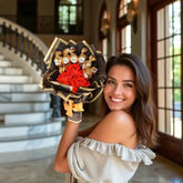 Chocobliss Bouquet Gift with Ferrero Rocher chocolates and red velvet roses held by smiling woman. Ideal for romantic or birthday gifting.